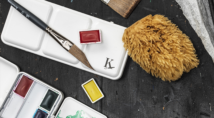 kreatima akvarellset, pensel och natursvamp 